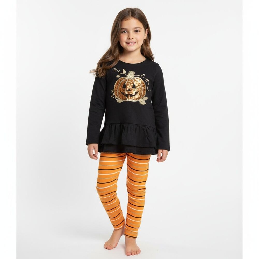 Spooky Night Black Orange Sequin Pumpkin Ruffle 3PC Halloween Set Size 5/6